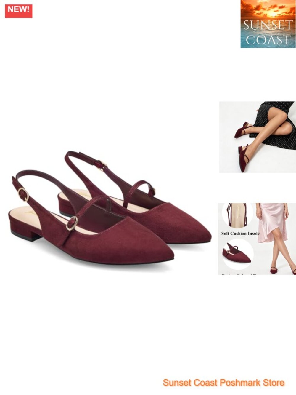 Slingback Flats Pointed Toe Low Heel Adjustable Buckle Comfortable Women Shoes